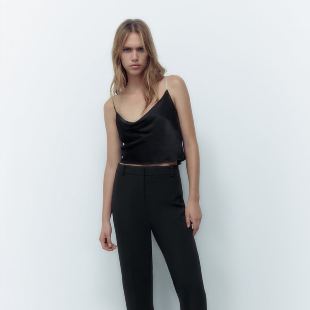 Zara Cropped Silk Effect Rhinestone Strap Top — New!